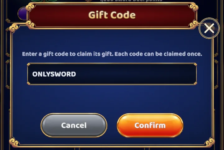 The gift code window with the code ONLYSWORD typed in