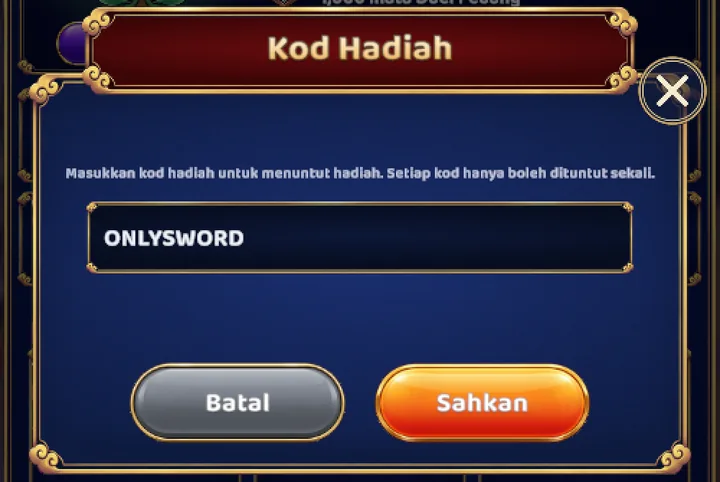 Tetingkap Kod Hadiah dengan kod ONLYSWORD ditaip