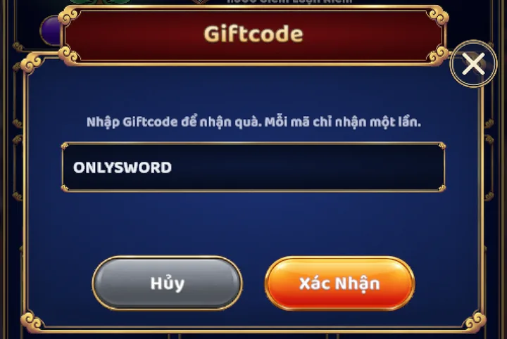 Cửa sổ Giftcode với mã ONLYSWORD đã gõ