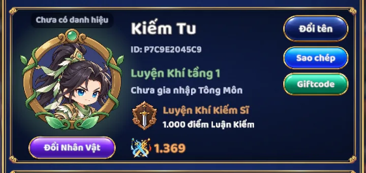Hồ sơ nhân vật với nút Giftcode dưới nút Sao chép